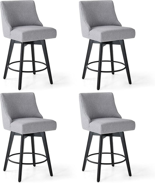 Counter Height Bar Stools Set of 4, Swivel Barstools with Backs and Wood Legs, Linen Fabric Upholstered Counter Stools for Kitchend Island, Mid-Century Modern 26" Seat Height Bar Chairs, Grey