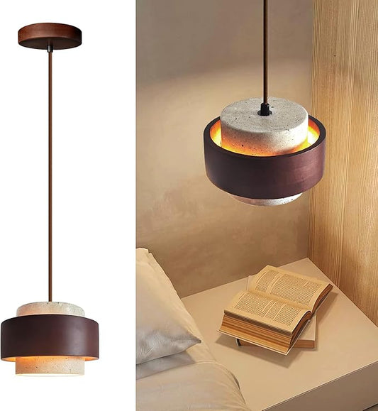 Japanese Wabi sabi Pendant Light with Natural Stone Shade, Dimmable Modern Wood Hanging Lamp Fixture, Adjustable Height Pendant Lamp for Bedroom, Kitchen Island, Dining Room, Restaurant, Cafe, Bar (H)