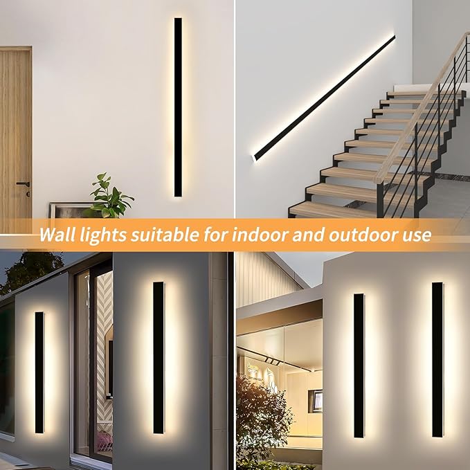 Mikeru 57inch Long LED Wall Light Fixtures, 10%-100% Dimmable Black Exterior Wall Sconces, 3000k-6000k Acrylic Invisible Exterior Wall Light for Porch Modern Outdoor Wall Mount Lighting