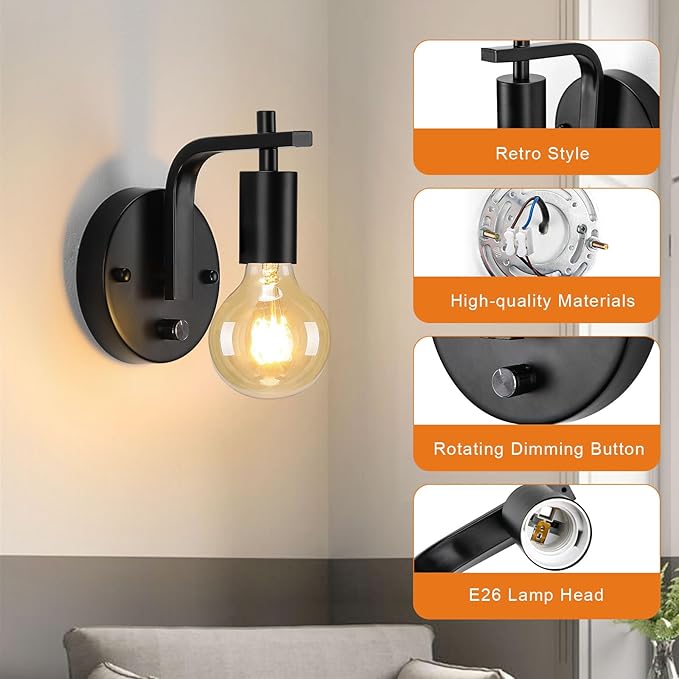 Black Wall Sconce with Switch, Dimmble Wall Lamp, Wall Mounted Bedside Lamps, Retro Wall Light E26 Industrial Wall Lighting for Living Room Kitchen