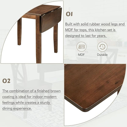 Merax Foldable Kitchen Dining Set for Small Space with Chairs of 2, Wood Dining Room Table Set with Extendable Table with Drop Leaf and High Back Chairs, Walnut