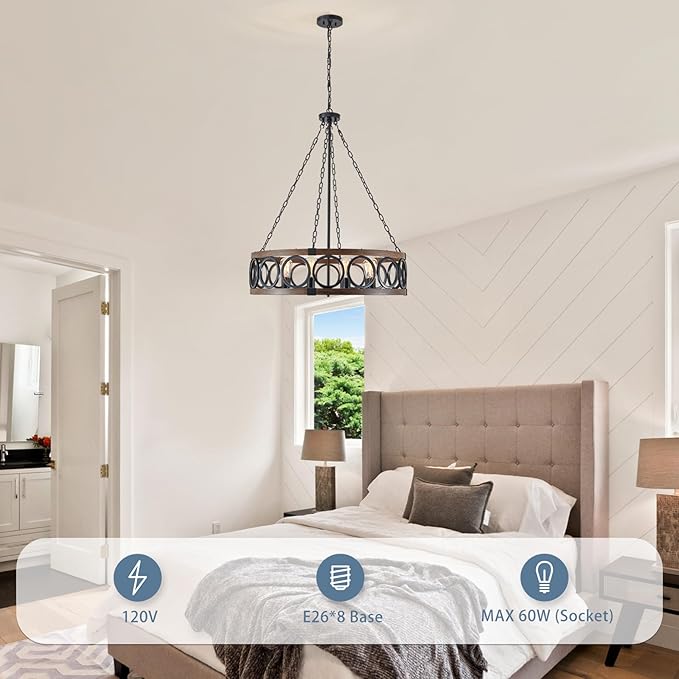 XINGQI 32.3" Large Drum Chandelier Farmhouse Black 8 Light Modern Rustic Pendant Lighting Fixture for Living Room Dining Room Kitchen Island Bar Office