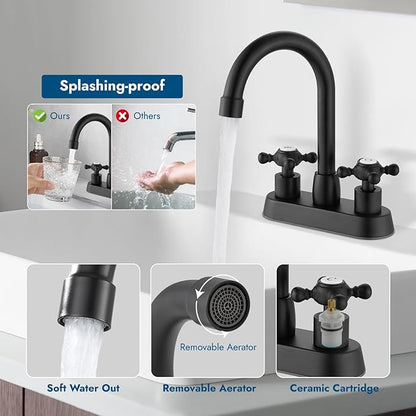 4 Inch Centerset Bathroom Faucets Double Cross Handle Bathroom Sink Faucet Deck Mounted Vintage RV Farmhouse Vanity Basin Mixer Tap with Pop up Drain,Matte Black