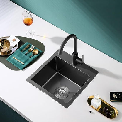 MENATT 18" x 18" Single Bowl Drop In Kitchen Sink, 18 Gauge 304 Stainless Steel Handmade Bar Sink Single Faucet Hole Topmount Kitchen Sink,Black