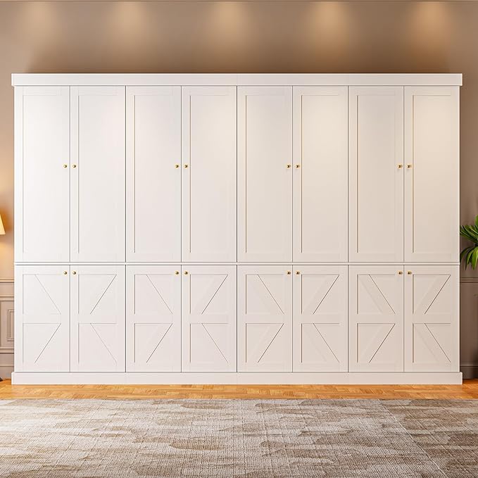 70.8" Tall Farmhouse Kitchen Pantry Cabinet with Doors, Modular Storage Cabinet with 4-Tier Adjustable Shelves, Wooden Hutch for Kitchen or Living Room, Set of 4, White