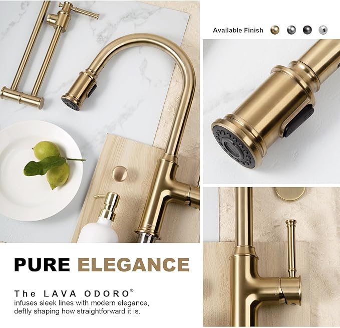 Lava Odoro Curtura Champagne Gold Kitchen Faucet with Pull Down Sprayer, Single Handle Kitchen Sink Faucet with 3-Function Magnetic Sprayer for Sink 1 or 3 Hole, 1.8 GPM, KF421-CB-M