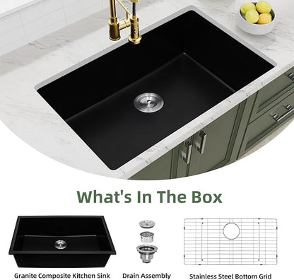 Davivy 30 X 18 Black Granite Composite Kitchen Sink,30 Inch Black Kitchen Sink, Undermount & Drop in Installation, Single Bowl with Bottom Grid and Drain Assembly