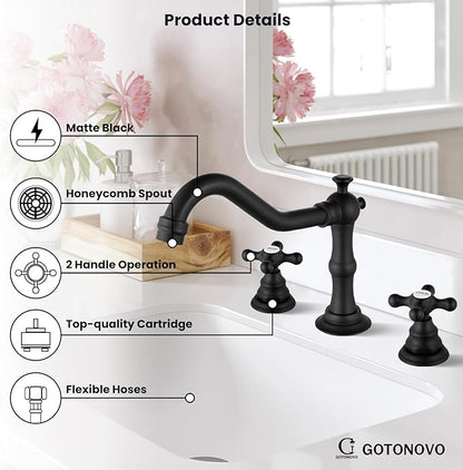 gotonovo Bathroom Faucet 3 Hole 8 Inch Widespread Bathroom Sink Faucet 2 Cross Handles Vintage Lavatory Vanity Mixer Tap with Pop Up Drain, HOT Cold Label, Matte Black
