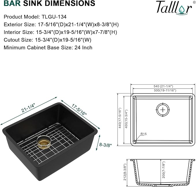 21x17 Black Undermount Bar Sink - Granite Composite Single Bowl Classic Quartz Wet Prep Sink Basin for RV, Kitchen Bar, Boat, and Outdoor #TLGU-134