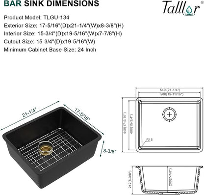 21x17 Black Undermount Bar Sink - Granite Composite Single Bowl Classic Quartz Wet Prep Sink Basin for RV, Kitchen Bar, Boat, and Outdoor #TLGU-134