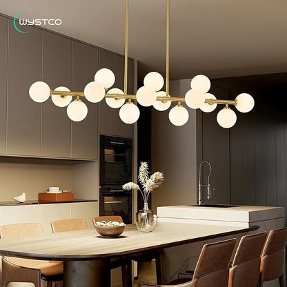 56 Inch Brass Gold Linear Chandeliers for Dining Room, Kitchen Island, Living Room, 16-Light Mid Century Modern Light Fixture Over Table, Large White Glass Globe Sputnik Bubble Chandelier
