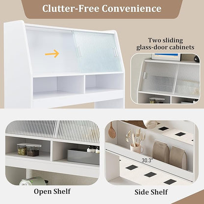 Compact Buffet with Hutch and Foldable Dining Table, Multifunctional Cupboard with Storage Shelf and Side Hooks, 2-in-1 Buffet for Small Places, Studio, Apartment (Natural-9c)