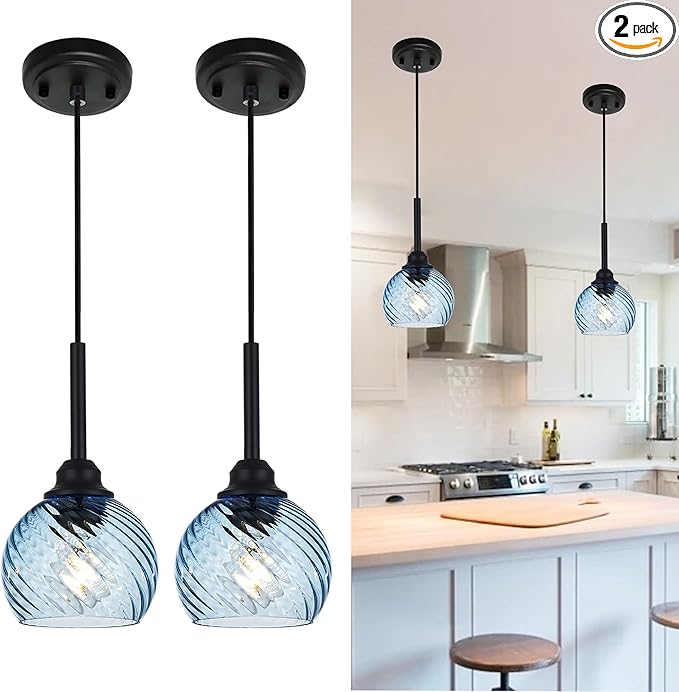 2 Pack Pendant Lights Kitchen Island with Blue Striped Swirl Globe Glass, Modern Hanging Light Fixtures Semi Flush Mount Stylish Black Pendant Lighting for Dining Room Hallway Bedroom Bar
