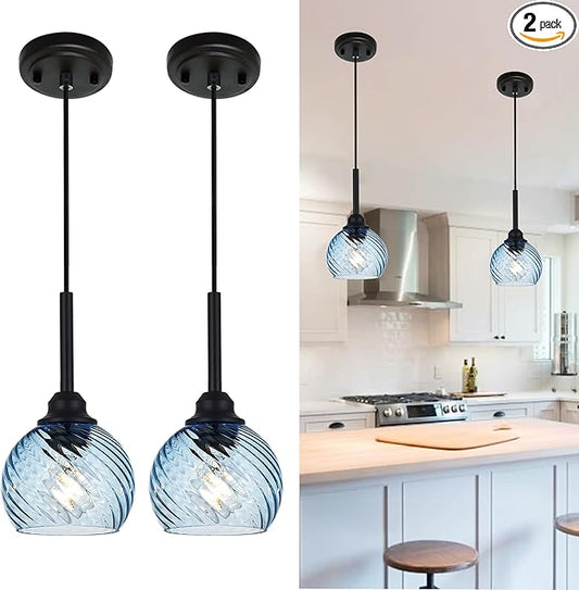 2 Pack Pendant Lights Kitchen Island with Blue Striped Swirl Globe Glass, Modern Hanging Light Fixtures Semi Flush Mount Stylish Black Pendant Lighting for Dining Room Hallway Bedroom Bar