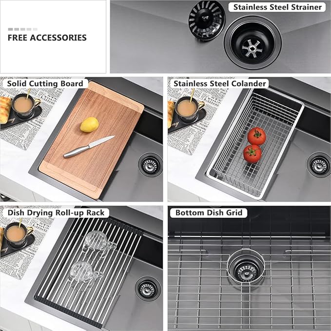 28 Inch Black Kitchen Sink Drop In Workstation-VASOYO 28x20 Inch Drop In Kitchen Sink 16 Gauge Gunmetal Black Stainless Steel Deep Single Bowl Topmount Sinks with Cutting Board
