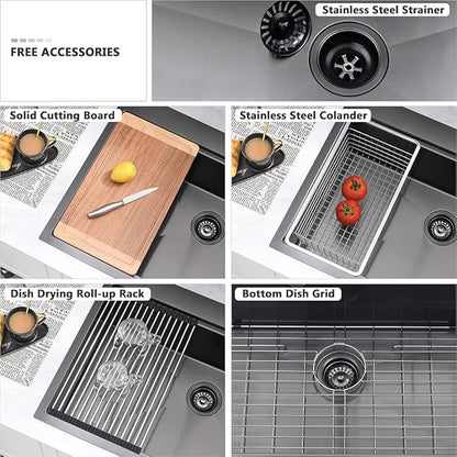 28 Inch Black Kitchen Sink Drop In Workstation-VASOYO 28x20 Inch Drop In Kitchen Sink 16 Gauge Gunmetal Black Stainless Steel Deep Single Bowl Topmount Sinks with Cutting Board
