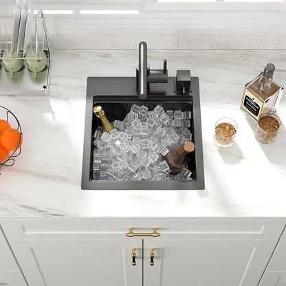 15 Inch Black Drop In Bar Sink Outdoor Kitchen Sink Workstation 16 Gauge Stainless Steel Single Bowl Small Sinks With Pull-out Faucet 15"x17"x9"