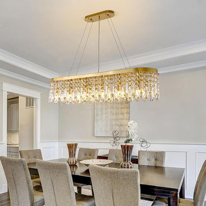 Siljoy Modern Crystal Chandelier for Dining Room, 12-Light Luxury Rectangle K9 Crystal Raindrop Chandelier, Dimmable Oval Crystal Pendant Ceiling Light for Living Room Kitchen Island L47 Inch