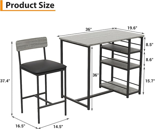 Takywep Dining Table Set for 2 with 3 Large Storage Shelves, Kitchen Table and Chairs for 2 with Pu Cushion Chairs & Thick Wood Top, 3 Piece Dining Table Set for Small Space, Apartment, Gray