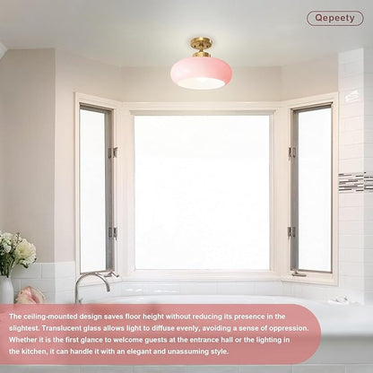 Mid Century Modern Flush Mount Ceiling Light Vintage Pink Close to Ceiling Light Fixtures Overhead Light Gold Glass Chandelier for Kids Room Hallway Living Room Kitchen