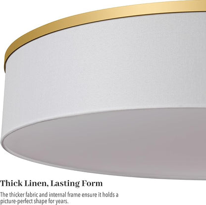 23.6 Inch Integrated LED Drum Chandeliers, 2800K Modern Fabric Pendant Light Fixture, White Linen and Gold Finish, Large Semi Flush Mount Lighting for Dining Room Bedroom Kitchen Entryway