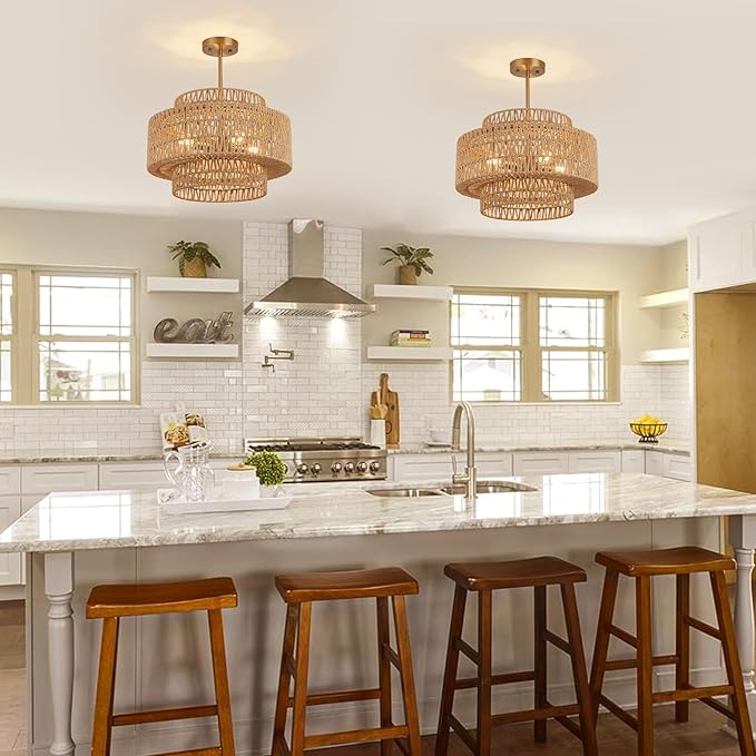 18 Inch Boho Chandeliers for Dining Room 4-Lights Black Farmhouse Light Fixtures Large Pendant Light Hand Woven Dining Table Light Fixture Rattan Hanging Lamp for Kitchen Island