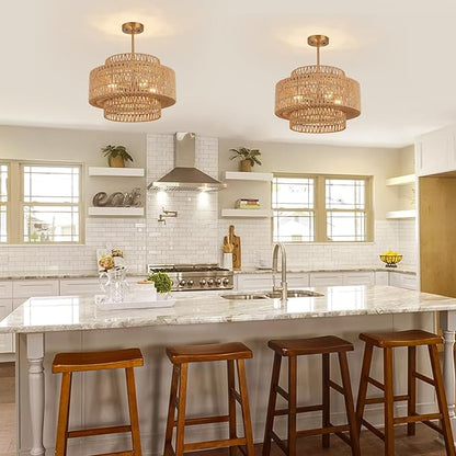 18 Inch Boho Chandeliers for Dining Room 4-Lights Black Farmhouse Light Fixtures Large Pendant Light Hand Woven Dining Table Light Fixture Rattan Hanging Lamp for Kitchen Island