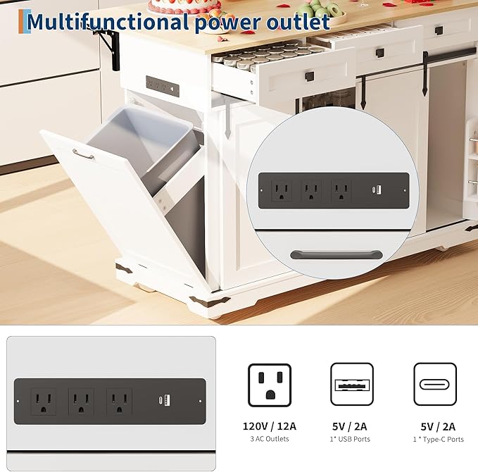 Large Rolling Kitchen Island with Power Outlet, Mobile Kitchen Cart on Wheels with Drop Leaf, 3 Drawers, Trash Can Storage, Spice Rack, Towel Holder, Kitchen Island Table for Dining Room, Home, White