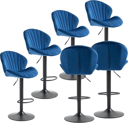 Rhomtree 24-32 Inch Swivel Bar Stools, Adjustable Counter Height Barstools, Velvet Tufted Upholstered and Footrest Barstools, Upholstered Bar Chairs for Home Bar Kitchen Island(Blue Set of 6)
