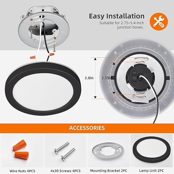 Hlite 7.5 Inch Flush Mount LED Ceiling Light with Night Light, CRI90, 15W, 1500 LM, 3000K/4000K/5000K Selectable, Flat Round LED Ceiling Light, Dimmable Bedroom Lights for Ceiling, Black(2Pack)