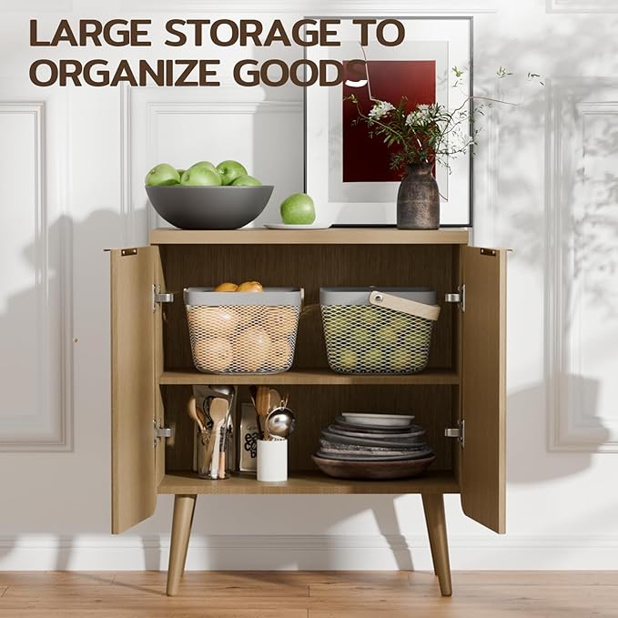 23.6" W Wood Fluted Sideboard with 2 Doors, Modern Small Buffet Cabinet with Shelves, Multi-Space Storage Credenza Kitchen for Entryway, Dining & Living Room, Natual Oak