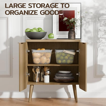 23.6" W Wood Fluted Sideboard with 2 Doors, Modern Small Buffet Cabinet with Shelves, Multi-Space Storage Credenza Kitchen for Entryway, Dining & Living Room, Natual Oak