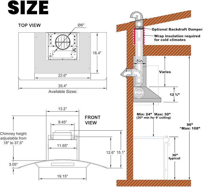 36 inch Wall Mount Range Hood, 1200 CFM Stainless Steel & Tempered Glass Vent Hood with 8-Speed Gesture Sensing and Touch Control, Dishwasher-Safe Baffle Filters, Delay Shutoff Timer