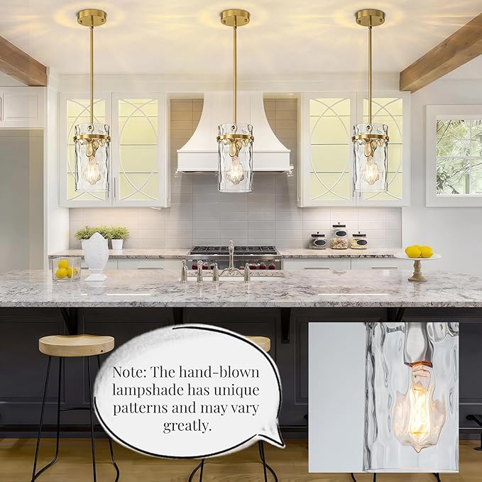 2 Pack 5.5" Brass Hammered Glass Pendant Light, Brushed Gold Island Pendant Lights Adjustable Mdern Pendant Light Fixtures Dining Room Farmhouse Chandelier Pendant Kitchen Lighting