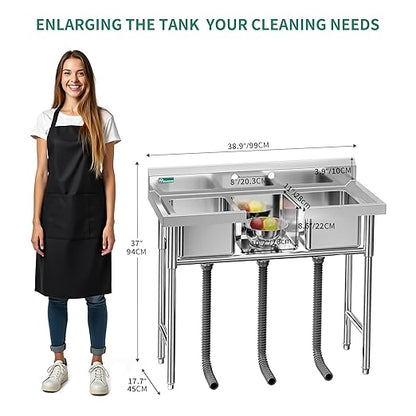 YITAHOME Utility Sink 3 Compartment Stainless Steel Freestanding Bar Sink NSF Commercial Sink for Restaurant, Laundry, Garage, Workshop Sink with Legs, Outdoor (39"x18"x37")