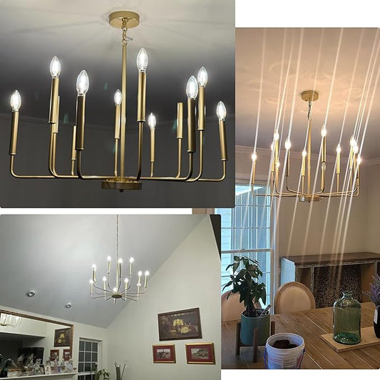 Gold Farmhouse Chandelier, Industrial Metal 12-Light Candle Chandeliers, Rustic Pendant Lighting for Kitchen Island, Dining Room, Living Room, Staircase
