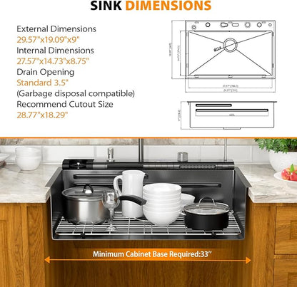 Mocoloo 30 Inch Black Honeycomb Waterfall Kitchen Sink Drop in, 30x19 Inch Stainless Steel Workstation Sink 16 Gauge Topmount Single Bowl LED Display Sink with Complete Kit