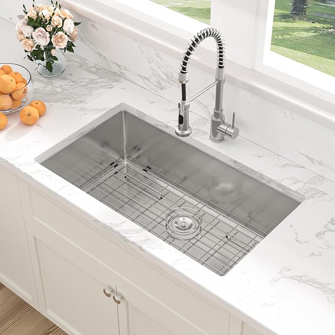 Sarlai 33 Inch Undermount Kitchen Sink - 33 x19 Kitchen Sink Undermount Single Bowl Stainless Steel 16 Gauge Under Counter Sink With Accessories Round Corners