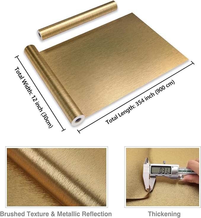 CRE8TIVE Thick Brushed Brass Gold Stainless Steel Contact Paper Peel and Stick Kitchen Wallpaper Metallic Gold Wallpaper Removable Self Adhesive Refrigerator Vinyl Wrap for Cabinets Furniture 12"x354"