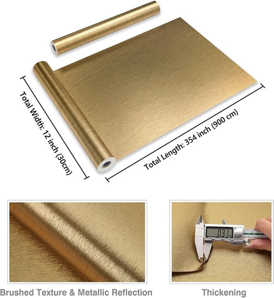 CRE8TIVE Thick Brushed Brass Gold Stainless Steel Contact Paper Peel and Stick Kitchen Wallpaper Metallic Gold Wallpaper Removable Self Adhesive Refrigerator Vinyl Wrap for Cabinets Furniture 12"x354"