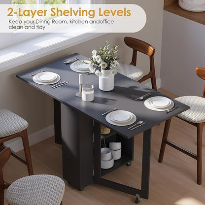 LotFun Folding Dining Table with 6 Wheels, 2-Layer Storage Shelf & Drawer, Space Saving Farmhouse Kitchen Table for Small Spaces