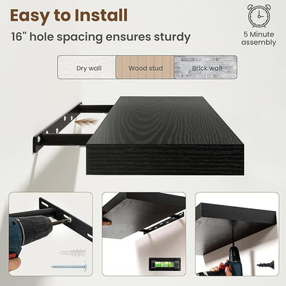 55 Inch Floating Shelves for Wall, 8 Inch Deep Floating Shelf for Storage & Display, Rustic Wall Mounted Shelf with Invisible Brackets for Living Room, Kitchen, Bathroom, Home Decor, Set of 2, Black