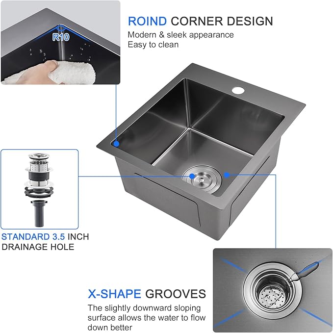 MENATT 15 x 17 Inch Drop in Kitchen Sink, 18 Gauge Stainless Steel Single Bowl Single Faucet Hole Topmount Kitchen Bar Sink or Prep Sink (Black)