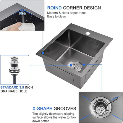 MENATT 15 x 17 Inch Drop in Kitchen Sink, 18 Gauge Stainless Steel Single Bowl Single Faucet Hole Topmount Kitchen Bar Sink or Prep Sink (Black)