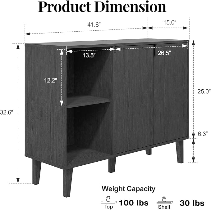 Panana Kitchen Buffet Cabinet Storage Sideboard with 2 Doors 2 Shelves, 41.8" L x 15" W x 32.5" H (Black)
