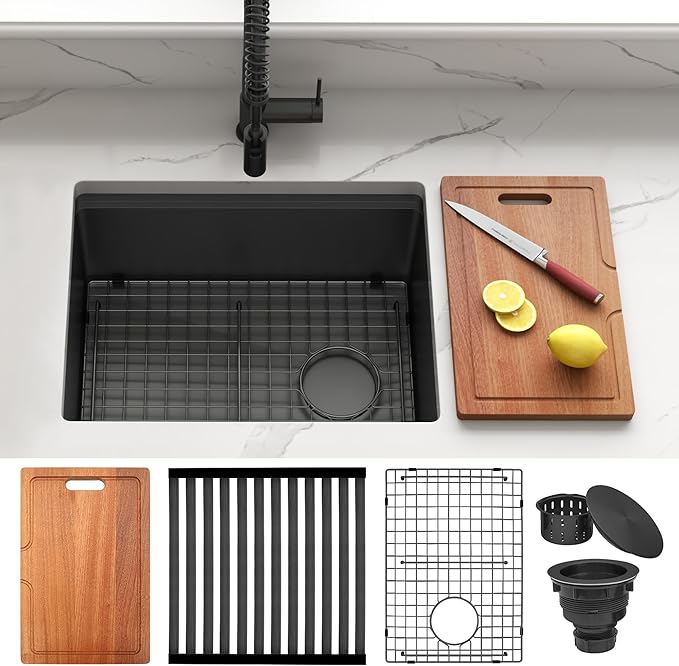 Black Undermount Kitchen Sink 23 inch,16 Gauge Stainless Steel Sinks,Single Bowl Workstation Sink,Modern Kitchen Sink Offset Drain (23" X 18")