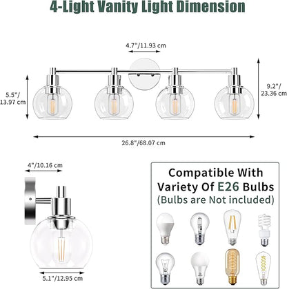 Espird 4 Lights Bathroom Vanity Light Fixtures Chrome, Bathroom Lights Over Mirror, Industrial and Farmhouse 4 Lights Wall Sconce, Polished Chrome Globe Vanity Lighting Fixtures