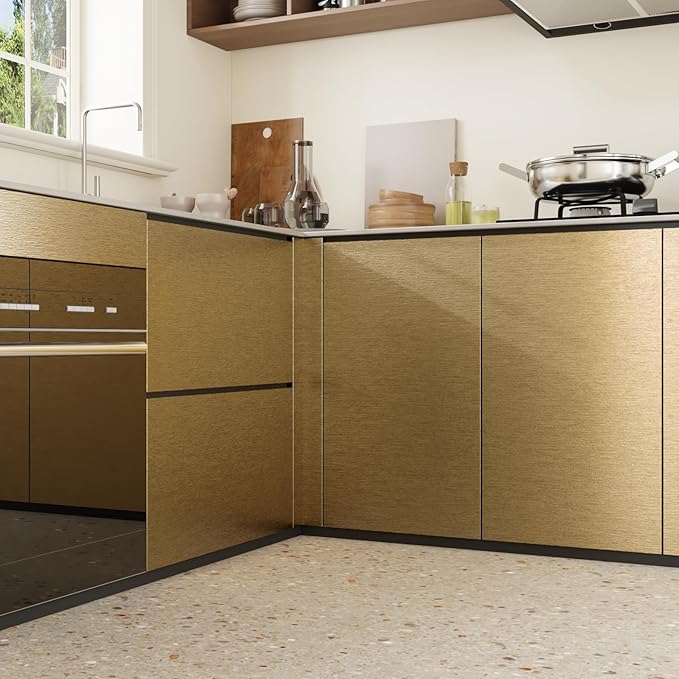 CRE8TIVE Thick Brushed Brass Gold Stainless Steel Contact Paper Peel and Stick Kitchen Wallpaper Metallic Gold Wallpaper Removable Self Adhesive Refrigerator Vinyl Wrap for Cabinets Furniture 12"x354"
