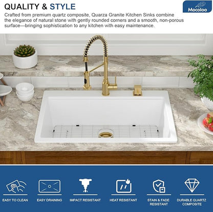 Mocoloo 33 Inch Drop in Workstation Kitchen Sink, 33x22 White Granite Composite Quartz Single Bowl Topmount Ledge Sink Above Counter