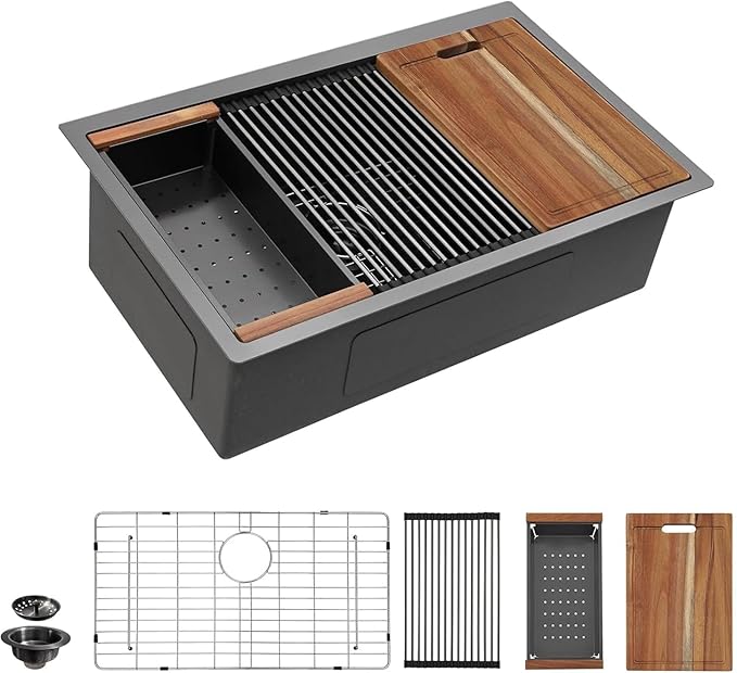 28"x18" Undermount Black Kitchen Sink Workstation – Gunmetal Black NANO-PVD, 16 Gauge 304 Stainless Steel, Under Counter Round Corners Single Bowl Sink Basin